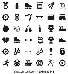 Flat vector icon set - award cup vector, target, barbell, weight, jump rope, hand trainer, punching bag, fitball, snickers, boxing glove, shorts, roller Skates, skateboard, medal, sports nutrition
