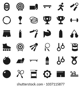 Flat vector icon set - award cup vector, target, barbell, jump rope, hand trainer, punching bag, fitball, muscule, boxing glove, shorts, roller Skates, skateboard, medal, sports nutrition, hoop, run