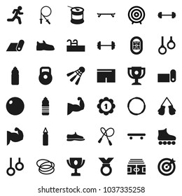 Flat vector icon set - award cup vector, target, barbell, stadium, weight, jump rope, punching bag, fitball, muscule hand, snickers, boxing glove, shorts, roller Skates, skateboard, medal, hoop, run
