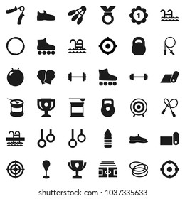 Flat vector icon set - award cup vector, target, barbell, stadium, weight, jump rope, hand trainer, punching bag, fitball, snickers, boxing glove, roller Skates, medal, sports nutrition, fitness mat