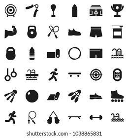 Flat vector icon set - award cup vector, barbell, stadium, weight, jump rope, hand trainer, punching bag, fitball, muscule, snickers, boxing glove, shorts, roller Skates, skateboard, target, pool
