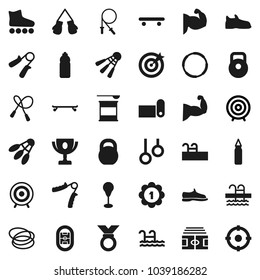 Flat vector icon set - award cup vector, target, stadium, weight, jump rope, hand trainer, punching bag, muscule, snickers, boxing glove, roller Skates, skateboard, medal, sports nutrition, pool