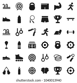 Flat vector icon set - award cup vector, target, barbell, stadium, weight, jump rope, hand trainer, punching bag, muscule, snickers, boxing glove, shorts, roller Skates, skateboard, medal, pool, run