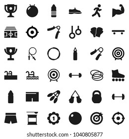 Flat vector icon set - award cup vector, target, barbell, stadium, weight, jump rope, hand trainer, punching bag, fitball, muscule, snickers, boxing glove, shorts, roller Skates, skateboard, medal