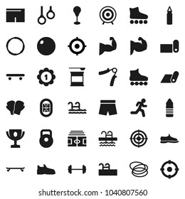 Flat vector icon set - award cup vector, target, barbell, stadium, weight, hand trainer, punching bag, fitball, muscule, snickers, boxing glove, shorts, roller Skates, skateboard, medal, fitness mat