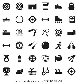Flat vector icon set - award cup vector, target, barbell, weight, jump rope, hand trainer, fitball, muscule, snickers, boxing glove, shorts, roller Skates, medal, sports nutrition, water bottle, run
