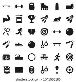 Flat vector icon set - award cup vector, target, barbell, stadium, weight, jump rope, hand trainer, punching bag, fitball, muscule, snickers, boxing glove, shorts, roller Skates, skateboard, pool