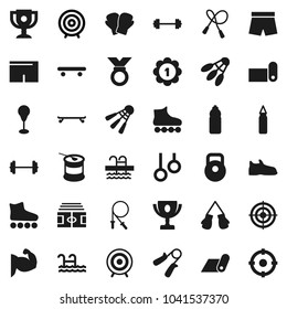 Flat vector icon set - award cup vector, target, barbell, stadium, weight, jump rope, hand trainer, punching bag, muscule, snickers, boxing glove, shorts, roller Skates, skateboard, medal, pool