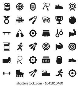 Flat vector icon set - award cup vector, target, barbell, stadium, weight, jump rope, hand trainer, fitball, muscule, snickers, boxing glove, shorts, roller Skates, skateboard, medal, fitness mat