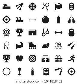 Flat vector icon set - award cup vector, target, barbell, stadium, weight, jump rope, hand trainer, punching bag, fitball, muscule, boxing glove, shorts, roller Skates, skateboard, sports nutrition
