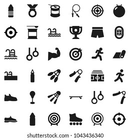 Flat vector icon set - award cup vector, target, stadium, jump rope, hand trainer, punching bag, fitball, muscule, snickers, shorts, roller Skates, skateboard, medal, sports nutrition, water bottle