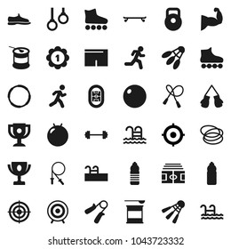 Flat vector icon set - award cup vector, target, barbell, stadium, weight, jump rope, hand trainer, fitball, muscule, snickers, boxing glove, shorts, roller Skates, skateboard, medal, water bottle