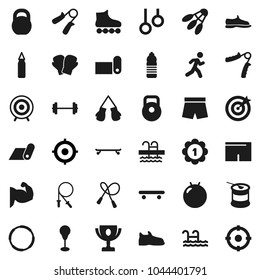 Flat vector icon set - award cup vector, target, barbell, weight, jump rope, hand trainer, punching bag, fitball, muscule, snickers, boxing glove, shorts, roller Skates, skateboard, medal, pool, run