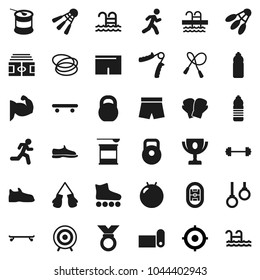 Flat vector icon set - award cup vector, target, barbell, stadium, weight, jump rope, hand trainer, fitball, muscule, snickers, boxing glove, shorts, roller Skates, skateboard, medal, water bottle