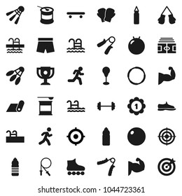 Flat vector icon set - award cup vector, target, barbell, stadium, jump rope, hand trainer, punching bag, fitball, muscule, snickers, boxing glove, shorts, roller Skates, skateboard, medal, pool