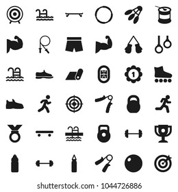 Flat vector icon set - award cup vector, barbell, weight, jump rope, hand trainer, punching bag, fitball, muscule, snickers, boxing glove, shorts, roller Skates, skateboard, target, medal, pool, run