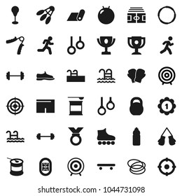 Flat vector icon set - award cup vector, target, barbell, stadium, weight, hand trainer, punching bag, fitball, snickers, boxing glove, shorts, roller Skates, skateboard, medal, sports nutrition