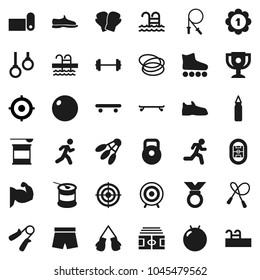 Flat vector icon set - award cup vector, target, barbell, stadium, weight, jump rope, hand trainer, punching bag, fitball, muscule, snickers, boxing glove, shorts, roller Skates, skateboard, medal