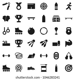 Flat vector icon set - award cup vector, barbell, stadium, weight, hand trainer, punching bag, fitball, muscule, snickers, boxing glove, shorts, roller Skates, skateboard, target, medal, fitness mat