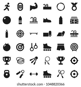 Flat vector icon set - award cup vector, target, barbell, stadium, weight, jump rope, hand trainer, punching bag, fitball, muscule, snickers, shorts, roller Skates, skateboard, medal, water bottle