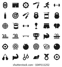 Flat vector icon set - award cup vector, target, barbell, weight, hand trainer, punching bag, fitball, muscule, boxing glove, shorts, skateboard, medal, sports nutrition, fitness mat, pool, hoop