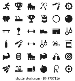 Flat vector icon set - award cup vector, barbell, jump rope, hand trainer, punching bag, fitball, muscule, snickers, boxing glove, shorts, roller Skates, skateboard, medal, sports nutrition, pool