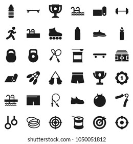 Flat vector icon set - award cup vector, barbell, stadium, weight, jump rope, hand trainer, punching bag, fitball, snickers, boxing glove, shorts, roller Skates, skateboard, target, medal, pool, run