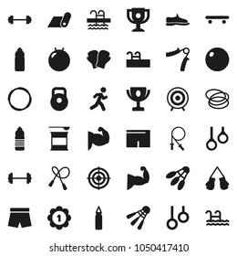 Flat vector icon set - award cup vector, barbell, weight, jump rope, hand trainer, punching bag, fitball, muscule, snickers, boxing glove, shorts, skateboard, target, medal, sports nutrition, pool