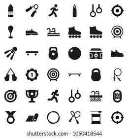 Flat vector icon set - award cup vector, target, stadium, weight, jump rope, hand trainer, punching bag, fitball, snickers, boxing glove, roller Skates, skateboard, medal, sports nutrition, pool