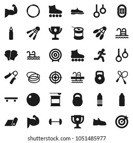 Flat vector icon set - award cup vector, target, barbell, weight, jump rope, hand trainer, punching bag, fitball, muscule, snickers, boxing glove, roller Skates, skateboard, sports nutrition, pool