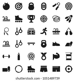 Flat vector icon set - award cup vector, target, barbell, stadium, weight, jump rope, hand trainer, punching bag, fitball, muscule, snickers, boxing glove, shorts, roller Skates, skateboard, medal
