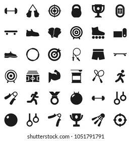 Flat vector icon set - award cup vector, target, barbell, stadium, weight, jump rope, hand trainer, fitball, muscule, snickers, boxing glove, shorts, roller Skates, skateboard, medal, fitness mat
