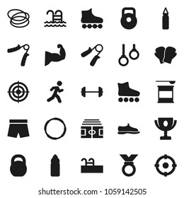 Flat vector icon set - award cup vector, barbell, stadium, weight, hand trainer, punching bag, muscule, snickers, boxing glove, shorts, roller Skates, target, medal, sports nutrition, water bottle