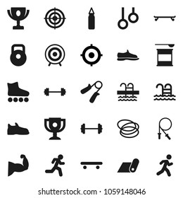 Flat vector icon set - award cup vector, target, barbell, weight, jump rope, hand trainer, punching bag, muscule, snickers, roller Skates, skateboard, sports nutrition, fitness mat, pool, hoop, run