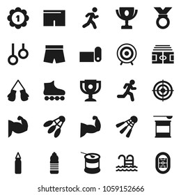 Flat vector icon set - award cup vector, stadium, punching bag, muscule hand, boxing glove, shorts, roller Skates, target, medal, sports nutrition, water bottle, fitness mat, shuttlecock, pool, run