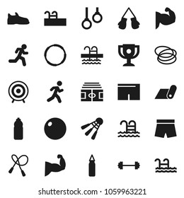 Flat vector icon set - award cup vector, barbell, stadium, jump rope, punching bag, fitball, muscule hand, snickers, boxing glove, shorts, target, water bottle, fitness mat, shuttlecock, pool, hoop