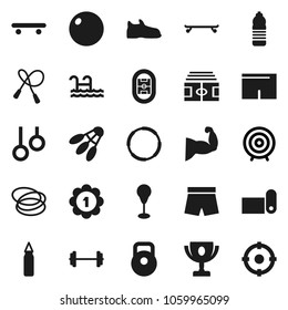 Flat vector icon set - award cup vector, target, barbell, stadium, weight, jump rope, punching bag, fitball, muscule hand, snickers, shorts, skateboard, medal, water bottle, fitness mat, shuttlecock