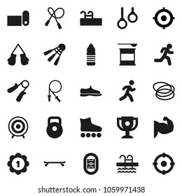 Flat vector icon set - award cup vector, target, weight, jump rope, hand trainer, muscule, snickers, boxing glove, roller Skates, skateboard, medal, sports nutrition, water bottle, fitness mat, pool