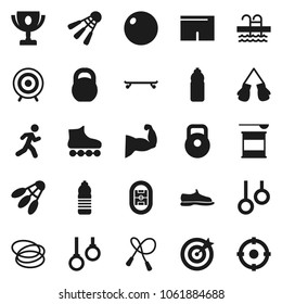 Flat vector icon set - award cup vector, weight, jump rope, fitball, muscule hand, snickers, boxing glove, shorts, roller Skates, skateboard, target, sports nutrition, water bottle, shuttlecock, run