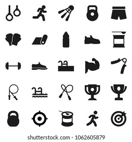 Flat vector icon set - award cup vector, target, barbell, weight, jump rope, hand trainer, muscule, snickers, boxing glove, shorts, sports nutrition, water bottle, fitness mat, shuttlecock, run