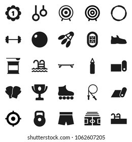 Flat vector icon set - award cup vector, target, barbell, stadium, weight, jump rope, punching bag, fitball, snickers, boxing glove, shorts, roller Skates, skateboard, medal, sports nutrition, pool
