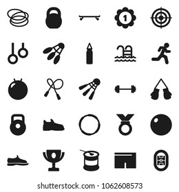 Flat vector icon set - award cup vector, barbell, weight, jump rope, punching bag, fitball, snickers, boxing glove, shorts, skateboard, target, medal, sports nutrition, shuttlecock, pool, hoop, run