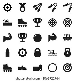 Flat vector icon set - award cup vector, target, weight, hand trainer, fitball, muscule, snickers, roller Skates, medal, water bottle, fitness mat, shuttlecock, pool, hoop