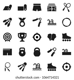 Flat vector icon set - award cup vector, target, stadium, weight, jump rope, hand trainer, boxing glove, shorts, roller Skates, medal, fitness mat, shuttlecock, pool, hoop