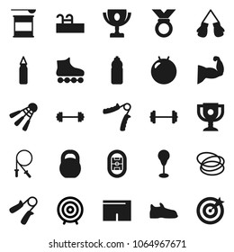 Flat vector icon set - award cup vector, target, barbell, weight, jump rope, hand trainer, punching bag, fitball, muscule, snickers, boxing glove, shorts, roller Skates, medal, sports nutrition