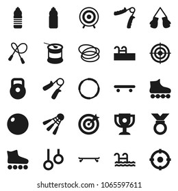 Flat vector icon set - award cup vector, weight, jump rope, hand trainer, fitball, boxing glove, roller Skates, skateboard, target, medal, sports nutrition, water bottle, shuttlecock, hoop, pool