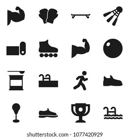 Flat vector icon set - award cup vector, punching bag, fitball, muscule hand, snickers, boxing glove, roller Skates, skateboard, sports nutrition, fitness mat, shuttlecock, run, pool
