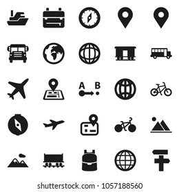 Flat vector icon set - backpack vector, compass, school bus, world, bike, navigator, earth, map pin, Railway carriage, plane, ship, route, globe, mountain, signpost