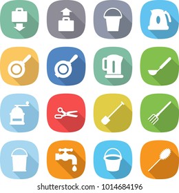 flat vector icon set - baggage get vector, bucket, kettle, pan, ladle, hand mill, scissors, shovel, fork, water tap, duster