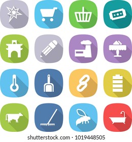 flat vector icon set - bang vector, cart, basket, ticket, arch, pencil, factory, restaurant, thermometer, scoop, link, battery, cow, rake, wasp, bath